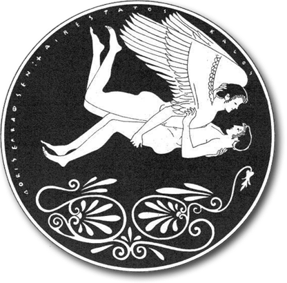 Representación de Eos (diosa de la aurora), con su amante Orión. Copa ática.