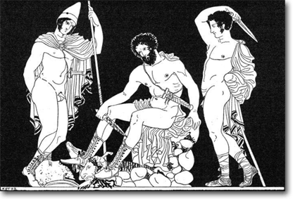 Odiseo hace sacrificios para invocar a los muertos.